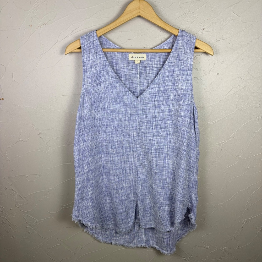 Anthropologie Cloth & Stone Linen Top Blue Medium Sleeveless Frayed Coastal